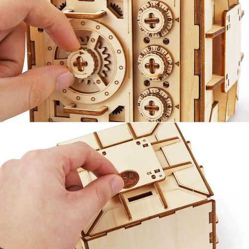 Wooden Building Blocks Box Treasure 3D Wooden Model Locker Kit DIY Bank Mechanical Puzzle DIY Educational Toys