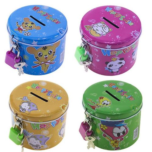 Cute Cartoon Square Tin Metal Piggy Bank Saving Cash Money Box Children Toy Kids Birthday Gifts 4 Color With Lock/Key