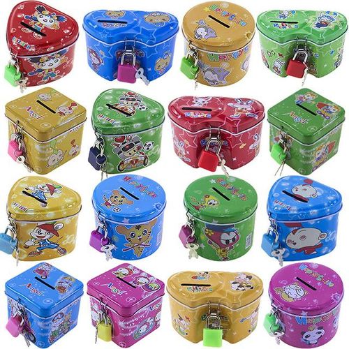 Cute Cartoon Square Tin Metal Piggy Bank Saving Cash Money Box Children Toy Kids Birthday Gifts 4 Color With Lock/Key