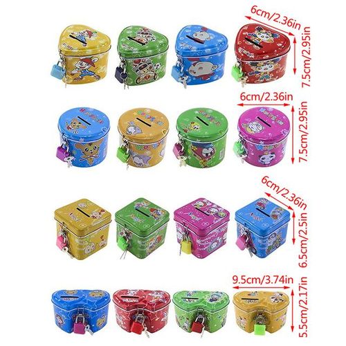Cute Cartoon Square Tin Metal Piggy Bank Saving Cash Money Box Children Toy Kids Birthday Gifts 4 Color With Lock/Key