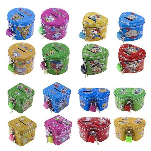 Cute Cartoon Square Tin Metal Piggy Bank Saving Cash Money Box Children Toy Kids Birthday Gifts 4 Color With Lock/Key