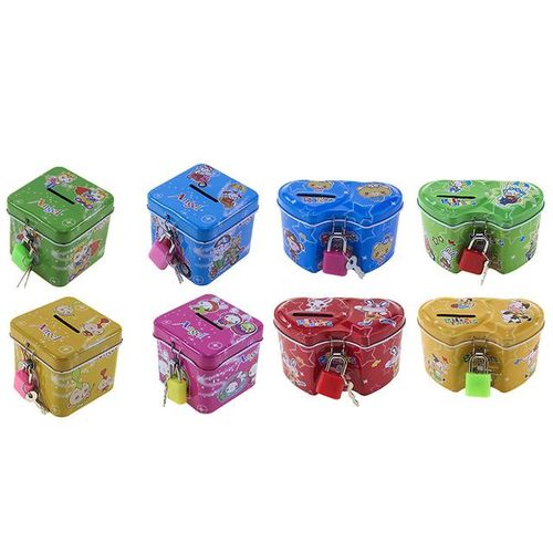 Cute Cartoon Square Tin Metal Piggy Bank Saving Cash Money Box Children Toy Kids Birthday Gifts 4 Color With Lock/Key