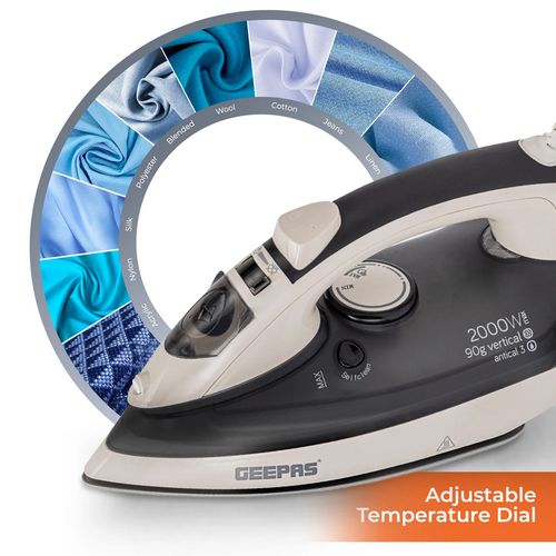 Geepas Ceramic Steam Iron 2000W- Temperature Control for Wet/Dry Crease Free Ironing Steam Function & Self Cleaning Function -Multi