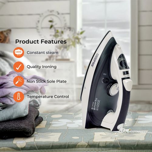 Geepas Ceramic Steam Iron 2000W- Temperature Control for Wet/Dry Crease Free Ironing Steam Function & Self Cleaning Function -Multi