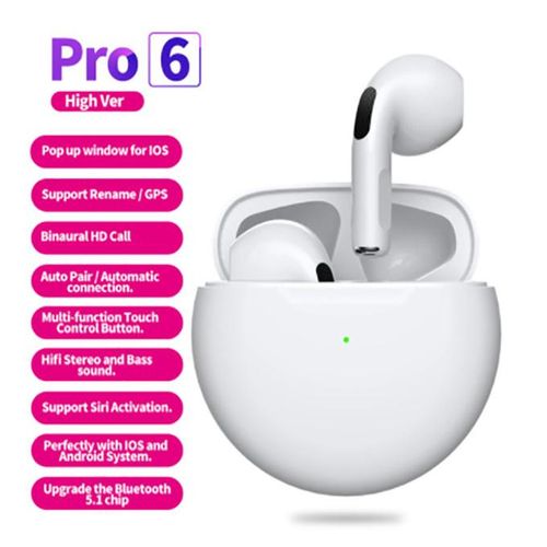Pro 6 White Wireless Bluetooth Headphones Life Waterproof Headphones Earbuds