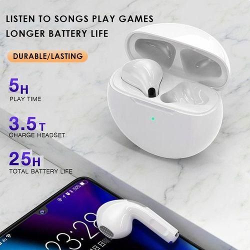 Pro 6 White Wireless Bluetooth Headphones Life Waterproof Headphones Earbuds