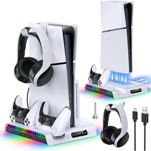 Charging Stand with Cooling Fan for PS5 Digital/Disc Console, Dual Controller with 9 RGB Lights PG-P5S006