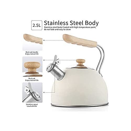 Kaisa Villa 2.5 Litre Stovetop Teapot Stainless Steel Whistling Tea Kettle, Cream.
