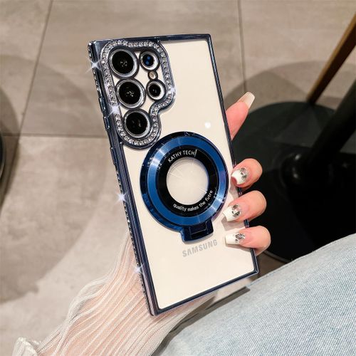 Electroplating Stand with Rhinestones Magnetic Suction for Samsung S23ultra Phone Case S23 Full Cover Transparent S22plus