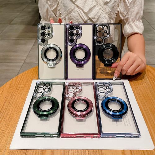 Electroplating Stand with Rhinestones Magnetic Suction for Samsung S23ultra Phone Case S23 Full Cover Transparent S22plus