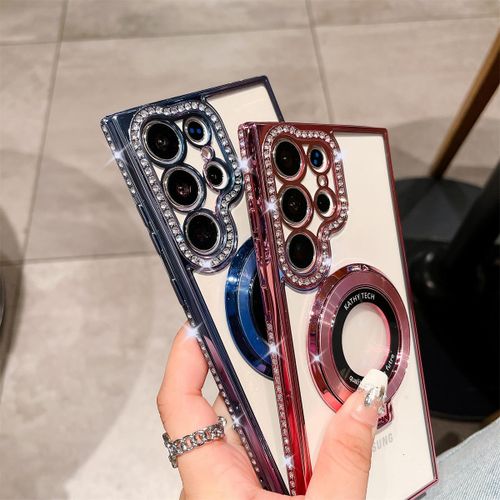 Electroplating Stand with Rhinestones Magnetic Suction for Samsung S23ultra Phone Case S23 Full Cover Transparent S22plus