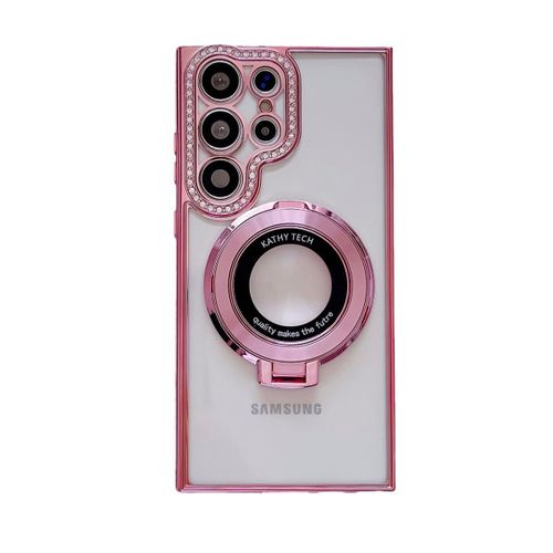 Electroplating Stand with Rhinestones Magnetic Suction for Samsung S23ultra Phone Case S23 Full Cover Transparent S22plus