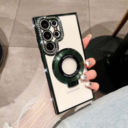 Electroplating Stand with Rhinestones Magnetic Suction for Samsung S23ultra Phone Case S23 Full Cover Transparent S22plus