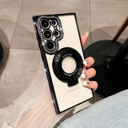 Electroplating Stand with Rhinestones Magnetic Suction for Samsung S23ultra Phone Case S23 Full Cover Transparent S22plus