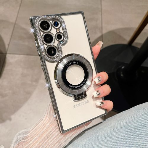Electroplating Stand with Rhinestones Magnetic Suction for Samsung S23ultra Phone Case S23 Full Cover Transparent S22plus