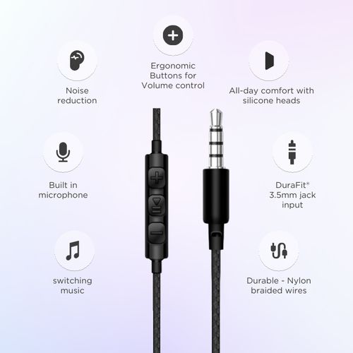 BLACK Bass Dot Nylon Wired In-earphones With Mic, Call, Music, Vol Control - Black (1YR WRTY)