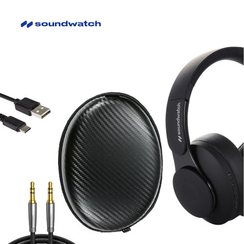 Soundwatch Bluetooth Noise Cancelling Headphones, 40H Playtime, USB Type C Fast Charge, Soft Earcups With Free Carry Case - Black