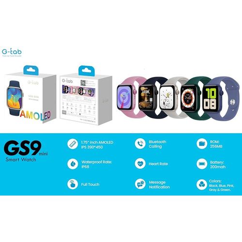 G-Tab GS9 Mini 1.75 Inches Amoled Always Display On Raise to Awake Health Tracking Multi Sport Mode1 GB Storage- Multicolor