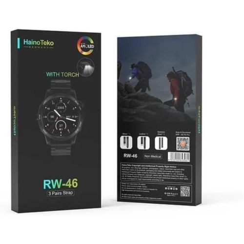Haino Teko 1 Piece Of RW- 46 Men Smart Watch With 3 Pairs Straps HD IPS AMOLED Display Waterproof Smartwatch App Control Heart Rate GPS And Fitness Smart Watch With Wireless Charger And Torch Light -Multicolor