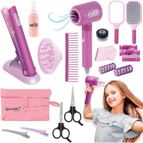 Girls Beauty Hair Salon Toy Set Hairdryer Straightener Styling Tools Trendy Imaginative Play Doll Stylist Collection for Kids