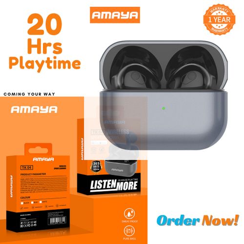 Amaya Original Earbuds TK04 High Grade 20hrs Play Time Wireless Sports airpods BT 5.3, 1Year Warranty- Black
