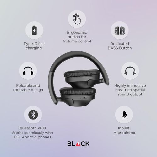BLACK BassHead Wireless Bluetooth Headphone With Mic, 10H Playtime, 1Yr Warranty