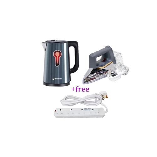 Hoffmans Pack Of Original 2.5Ltrs Electric Tea Kettle For Boiling Water Stainless Steel Double Wall Hot Water Boiler with Automatic Shut Off & Boil-Dry Protection Plus A Flat Iron With Non Stick Coating Soleplate And A FREE 4Way Extension Cable- Multicolo