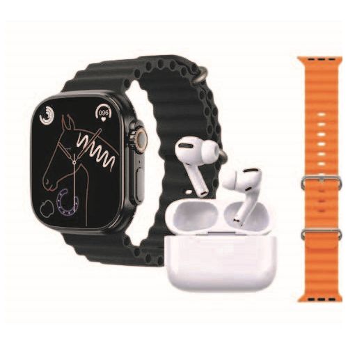 Smart watch with 2 Straps and Free Earbuds - Black