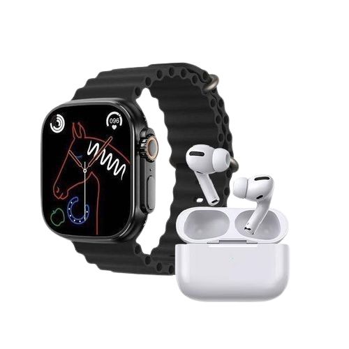 Smart watch with 2 Straps and Free Earbuds - Black