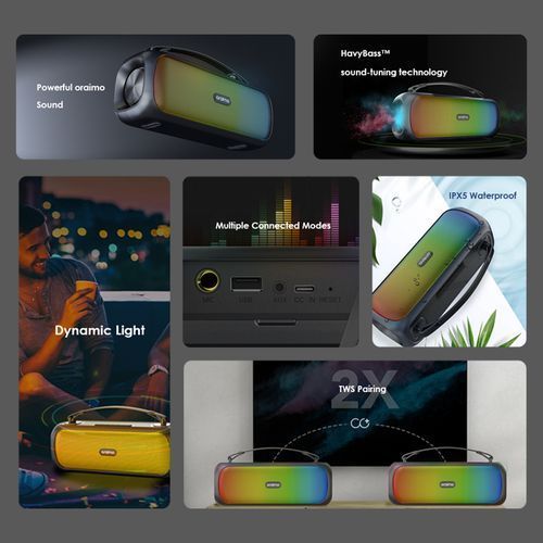 Oraimo Boom Powerful Sound Massive Bass Dynamic Light Effects Portable Wireless Speaker - Black