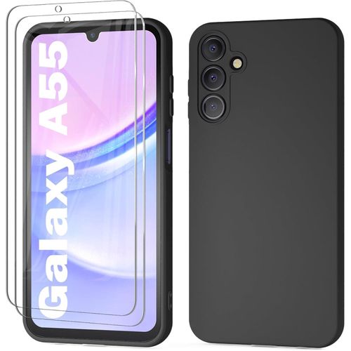 Samsung Galaxy A55 5G Case with 2 Pack Screen Protector, Liquid Silicone with Soft Anti-Scratch Microfiber Lining Shockproof Protective Cover-Black