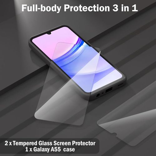 Samsung Galaxy A55 5G Case with 2 Pack Screen Protector, Liquid Silicone with Soft Anti-Scratch Microfiber Lining Shockproof Protective Cover-Black