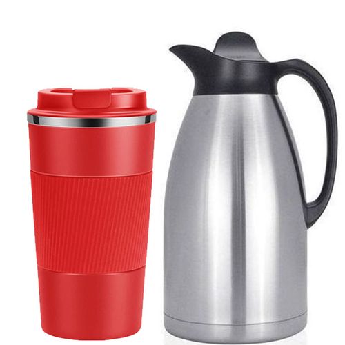 Bundle 2Litres Stainless Steel Vacuum Flask And Cup- Silver,Red