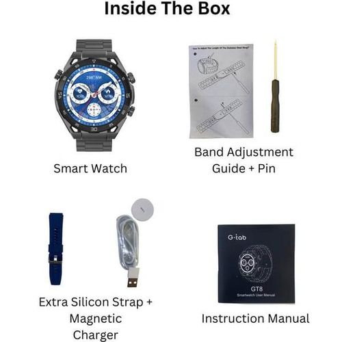 G-Tab GT8 Amoled Smart Watch, Music Storage upto 1 GB, 1.43 INCHES AMOLED WITH LEATHER Strap + RUBBER Strap, Smart Calling, heart rate, blood oxygen, sport mode, always display on- Multicolor