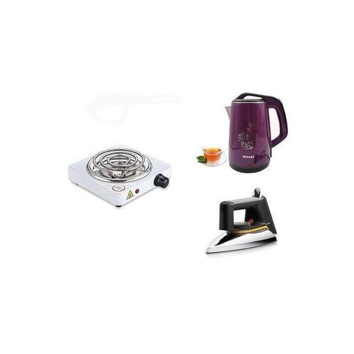 2.5L Kettle, Flat Iron, & Single Coil Hotplate Plus A Free 4 Way Extension-White
