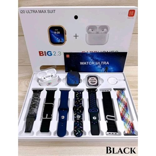 Purely Original i 20 ultra Max Suit Smart Watch, Earpods And Extra Bands Combo - Black