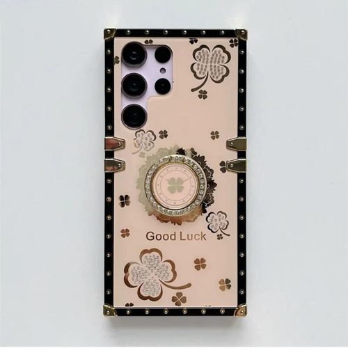 Samsung Galaxy S24 Ultra Case for Woman Girls Luxury Square Bling Diamond Glitter Soft TPU Trunk Cover with Finger Ring Grip Kickstand Phone Skin-Cream