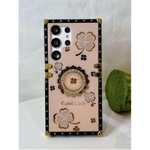 Samsung Galaxy S24 Ultra Case for Woman Girls Luxury Square Bling Diamond Glitter Soft TPU Trunk Cover with Finger Ring Grip Kickstand Phone Skin-Cream