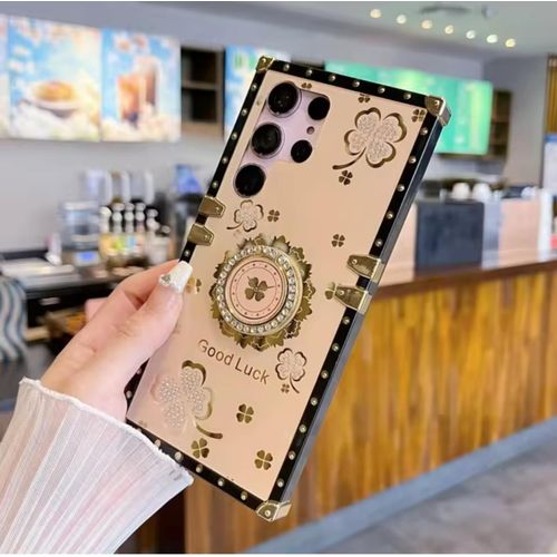 Samsung Galaxy S24 Ultra Case for Woman Girls Luxury Square Bling Diamond Glitter Soft TPU Trunk Cover with Finger Ring Grip Kickstand Phone Skin-Cream