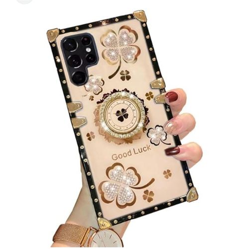 Samsung Galaxy S24 Ultra Case for Woman Girls Luxury Square Bling Diamond Glitter Soft TPU Trunk Cover with Finger Ring Grip Kickstand Phone Skin-Cream