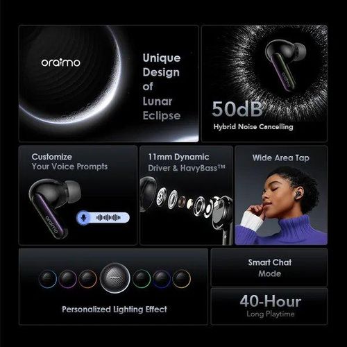 Oraimo SpaceBuds Hybrid ANC True Wireless Earbuds Customized Voice Prompt - Black