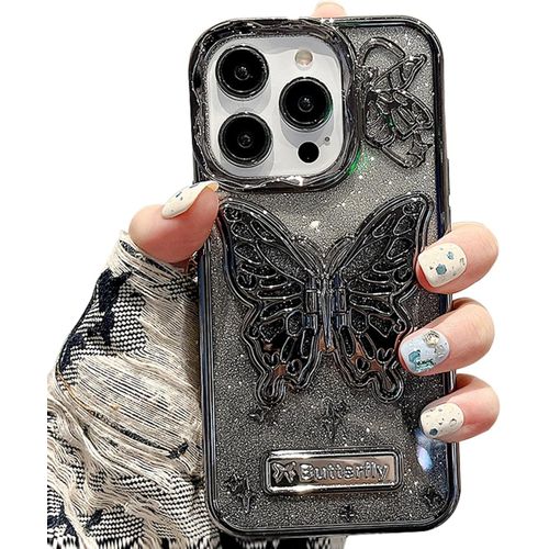 iPhone 15 14 13 12 11 Pro Max, Luxury Glitter Cute 3D Hollow Clear Black Electroplate Butterfly Phone Cover with Hold Stand-Black