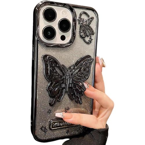 iPhone 15 14 13 12 11 Pro Max, Luxury Glitter Cute 3D Hollow Clear Black Electroplate Butterfly Phone Cover with Hold Stand-Black