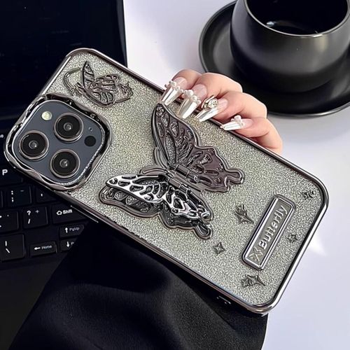 iPhone 15 14 13 12 11 Pro Max, Luxury Glitter Cute 3D Hollow Clear Black Electroplate Butterfly Phone Cover with Hold Stand-Black