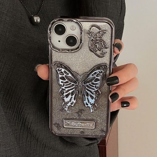 iPhone 15 14 13 12 11 Pro Max, Luxury Glitter Cute 3D Hollow Clear Black Electroplate Butterfly Phone Cover with Hold Stand-Black