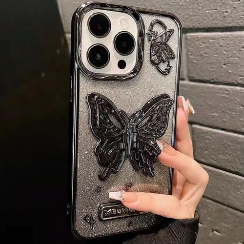 iPhone 15 14 13 12 11 Pro Max, Luxury Glitter Cute 3D Hollow Clear Black Electroplate Butterfly Phone Cover with Hold Stand-Black