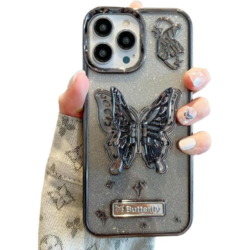 iPhone 15 14 13 12 11 Pro Max, Luxury Glitter Cute 3D Hollow Clear Black Electroplate Butterfly Phone Cover with Hold Stand-Black