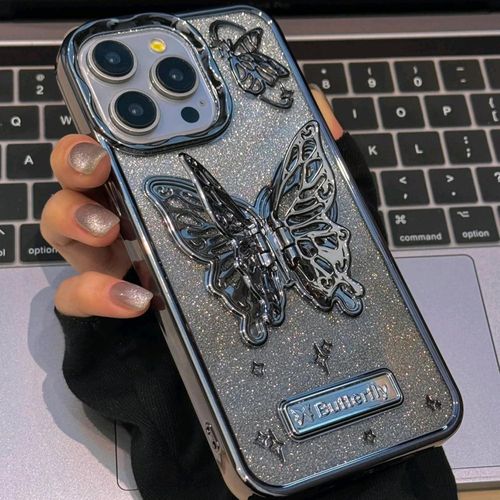 iPhone 15 14 13 12 11 Pro Max, Luxury Glitter Cute 3D Hollow Clear Black Electroplate Butterfly Phone Cover with Hold Stand-Black
