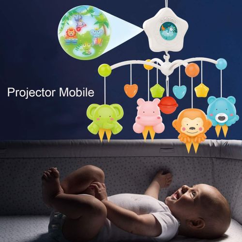 Baby Crib Mobile with Projrctor and Relaxing Music, Hanging Rotating Animals Rattles Nursery Gift Toy for Newborn 0-24 Months Boys and Girls