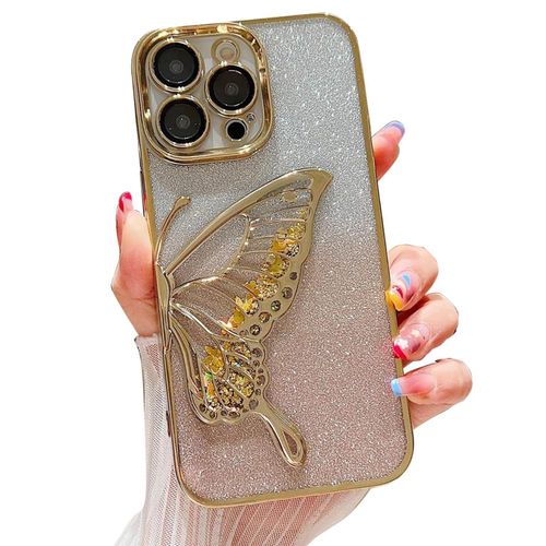 IPhone 11 12 13 14 Pro Max Case With Luxury Glitter Cute Butterfly Plating Design Phone Cases Camera Protection Shockproof Cover -Gold
